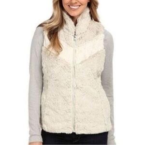 Patagonia W Pelage Teddy Fluffy Faux Fur Zip Vest Beige and Ivory Chevron XL